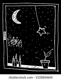 winter window with candles and plant, moon and star