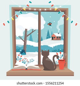 Winter window, with a cat, a book and a coffee cup on the sill. Cute cozy vector illustration in flat style