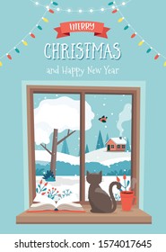 Winter window, with a cat, a book and a coffee cup on the sill. Greeting card. Cute cozy vector illustration in flat style