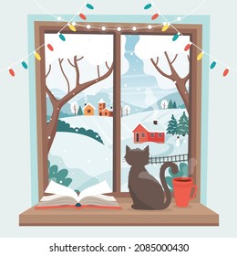 Winter window - a cat sitting on the sill with winter landscape. Cute cozy vector illustration in flat style