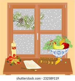 Winter window with Christmas candle and old book   vector