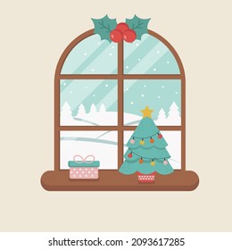 Winterfenster, Weihnachtsabend und Geschenkbox auf dem Siegel.