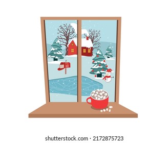 Winter window, coffee cup on the sill. 