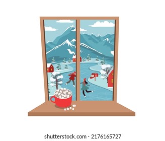 Winterfenster, Kaffeetasse auf dem Sessel.	