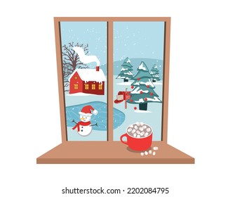 Winter window, coffee cup on the sill.	
