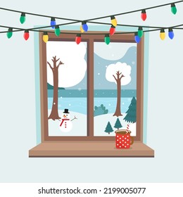 Winter window and cup on the sill with winter landscape. Christmas garlands above the window. Cute cozy vector illustration in flat style