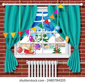 Winter window with curtains, view from the room. Tree and candle on the sill. Warm cozy interior. Christmas landscape, hills, snow, village, forest, falling snow. Cartoon flat vector illustration.