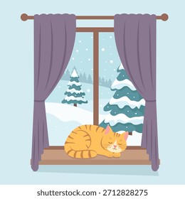 Winterfenster - süße Katze schlafend auf dem Schweller mit Winterlandschaft. Nette gemütliche Vektorgrafik im flachen Stil