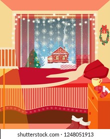 Winter window with a garland, gifts and a Christmas tree. Winter landscape with a house in the window. Cozy room with a bed, pillows, bedside table, gloves, red boots and a lamp. Vector illustration.