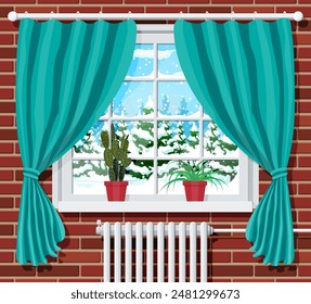 Winter window with green curtains, view from the room. Home plant on the sill. Warm cozy interior. Christmas landscape, hills, snow, spruce forest and falling snow. Cartoon flat vector illustration.