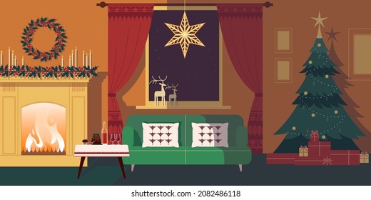 Winter window. Interior with Christmas tree and fireplace. Flat graphic vector illustration.