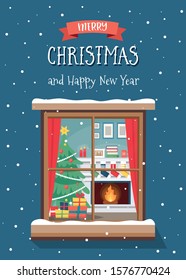 Winter window with interior decorated for Christmas and lettering. Cute vector illustration in flat style.