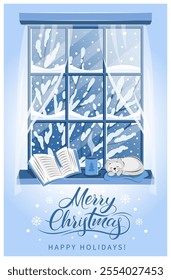 Winter window with landscape, cat sleeping and book on the sill. Merry Сhristmas lettering. Cozy vector illustration  for bookstore, library, sale in bookshop.