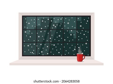 Winter window with night city view, snow. Coffee cup on the sill. Cartoon flat style. Vector illustration.