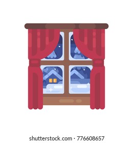 Winter window with red curtains flat illustration. Christmas flat icon