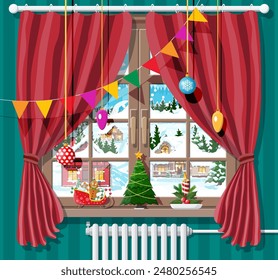 Winter window with red curtains, view from the room. Tree and candle on the sill. Warm cozy interior. Christmas landscape, hills, snow, village, forest, falling snow. Cartoon flat vector illustration.