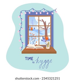 Winter window with rural view, book and candle. Cozy home concept, time to hygge. Lifestyle vector illustration.
