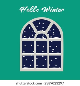 Winter window with snow outside. Window in winter.  Hello winter vector. Merry christmas and happy new year clip art. Flat vector in cartoon style isolated on white background.