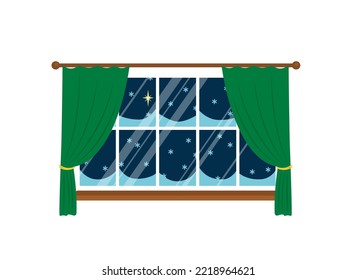 Winter window with snow and snowflakes and green curtain. Flat, cartoon. Isolated vector illustration eps 10