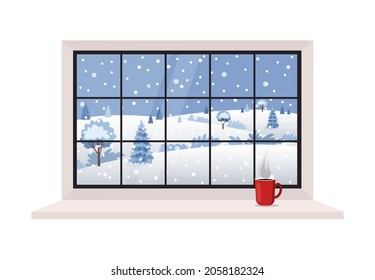 Winter window with snowy country landscape view and a coffee cup on the sill. Cartoon flat style. Vector illustration