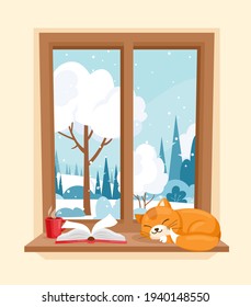 Winter window. Vector illustration of wood window view of garden with sleeping cat, book and a cup of coffee on the windowsill. Winter landscape with tree, bush, field. Hygge concept. Snowy winter day
