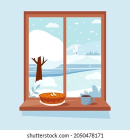Winter window with view, apple pie  with and a coffee or tea cup on the sill. Cozy vector illustration in flat style
