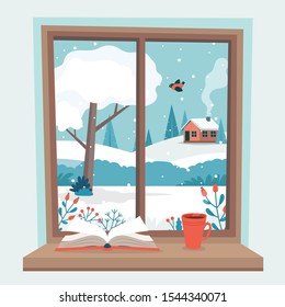 Winter window with view, a book and a coffee cup on the sill. Cute cozy vector illustration in flat style