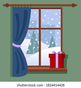 Ventana de invierno con vista.
Regalo de Navidad en el alféizar. Ilustración vectorial acogedora en estilo plano.	
