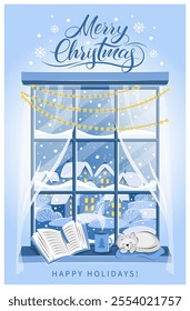 Winter window with a view of the city or village, cat sleeping and book on the sill. Merry Сhristmas lettering. Cozy vector illustration  for bookstore, library, sale in bookshop.