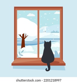 Winter window with view, cute cat sitting on the sill. Cozy vector illustration in flat style