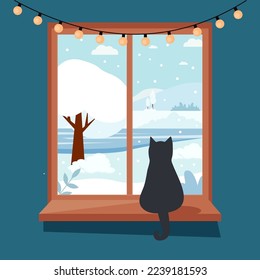 Winter window with view, cute cat sitting on the sill. Cozy vector illustration in flat style