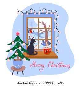 Winter window with view and holidays decorations. Merry Christmas lettering. Greeting card or poster template. Hand drawn vector illustration.
