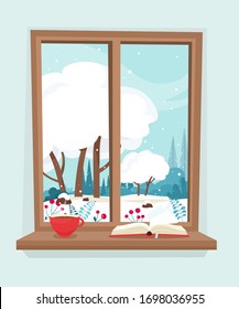 Winter window with a view of nature and the forest with a cup of coffee and a book on the windowsill. Cozy vector illustration in cartoon flat style.