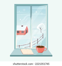 Winter window with a view of nature and village house with a cup of coffee and a book on the windowsill. vector illustration