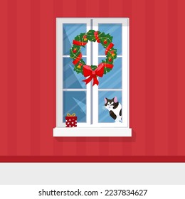 Winter window with view, a present and a cat on the sill. Christmas wreath. Cozy home. Merry Christmas and Happy New Year. Winter holidays. Flat style