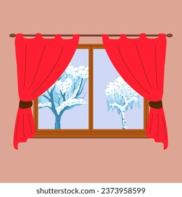 Winterfenster. Fenster mit Winterblick. Schnee. Hyge-Konzept. Gemütliche Herbsttage