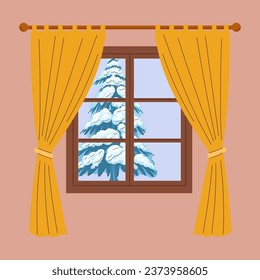 Winter window. Window with winter view. Snow. Hygge concept. Cozy autumn days