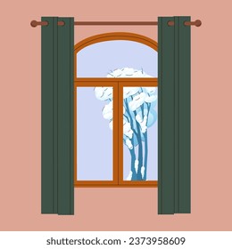 Winterfenster. Fenster mit Winterblick. Schnee. Hyge-Konzept. Gemütliche Herbsttage