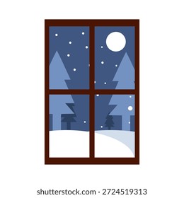 Winter Window View with Snow Night Vector Illustration