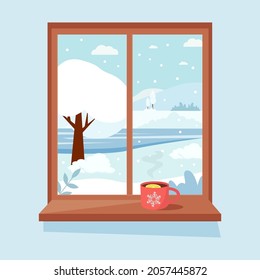 Winter window with view,  tea cup on the sill. Cozy vector illustration in flat style
