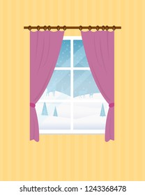 Winter window with views of the winter landscape. Christmas window with views of the mountains, snow, deer, fir-tree and falling snow. Flat vector illustration style.