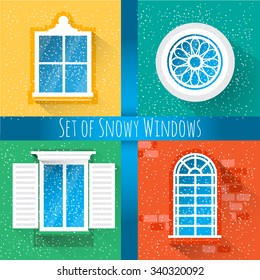 Winter windows. Set of snowy winter windows. Four windows bundle