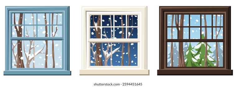 Winter windows with snowfall and winter trees outside. Set of windows with winter views. Cartoon vector illustrations. Hand-drawn illustration, not AI