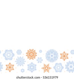 Winter windstorm sketch. Winter weather. Seamless pattern with snowflakes. Winter mood background. Abstract snowstorm with orange and beige snowflakes. Blow snow texture pattern on white background.