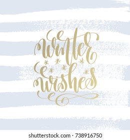 winter wishes hand lettering holiday poster on light blue brush stroke background, christmas winter quote, calligraphy vector illustration