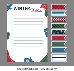 Winter wishlist and stickers with cute wintry pattern. Vector template for agenda, planner, checklist, book, note, memo, card and other personal organizer. Layout in A4, A5, A6.