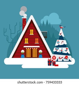 Winter wodden, brick, big house or hotel. With snow Christmas Tree. Isolated on blue background