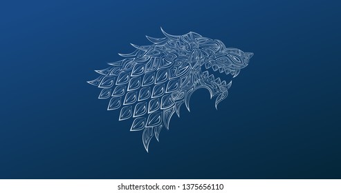 Winter wolf poster. Snow Wolf head symbol. Abstract animal print design.