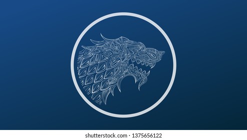 Winter wolf poster. Snow Wolf head symbol. Abstract animal print design.