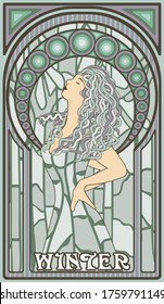 Winter Woman In Art Nouveau Style, Vector Illustration	